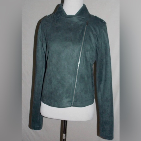 LC Lauren Conrad Dusty Green Faux Suede Front Zip Soft Moto Jacket Medium - Picture 2 of 11